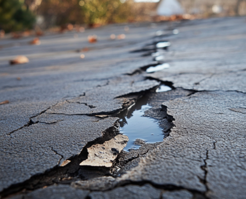 Roofer fixing a flat roof with visible cracks and damage.