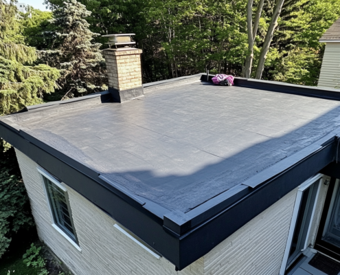 Installing a new flat roof on a commercial building, showing the roofing materials and contractors at work.