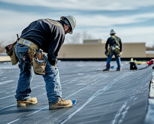 Workers installing EPDM roofing on a commercial building.