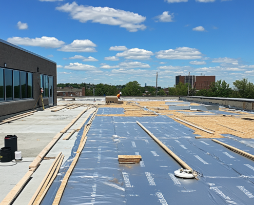 Flat roof construction process on a commercial building in Ontario