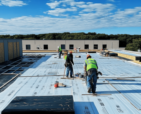 Commercial flat roof replacement in progress with contractors working on the roof.