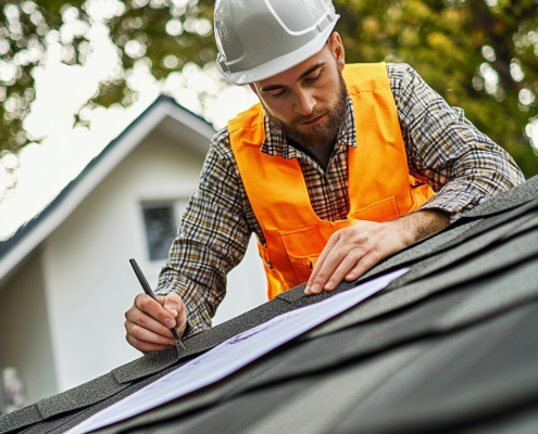 Roofing contractor answering questions from a homeowner during roof inspection.