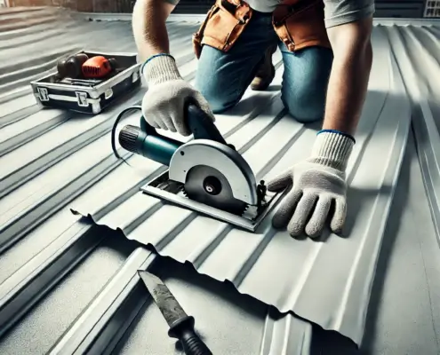 A roofing worker using a circular saw to cut a PVC roof sheet on a stable surface, demonstrating safety measures and precision.