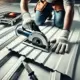 A roofing worker using a circular saw to cut a PVC roof sheet on a stable surface, demonstrating safety measures and precision.