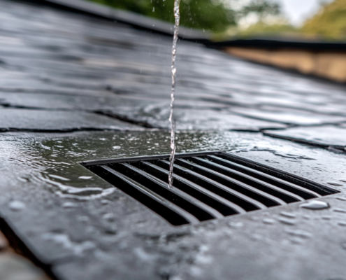 Scupper drain installed on a flat roof to manage water flow and prevent damage.