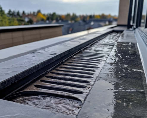 A scupper drain on a flat roof to prevent water pooling.