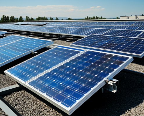 Solar panels installed on flat roof construction for energy efficiency