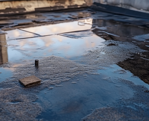 Water pooling on a flat roof due to lack of proper slope.