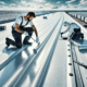 Roofing technician installing a PVC roofing membrane on a flat commercial roof, emphasizing the reflective and durable qualities of PVC