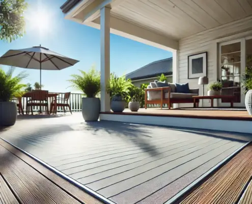 DeckRite vinyl deck with clear skies, showcasing the durability and low maintenance of DeckRite decking.