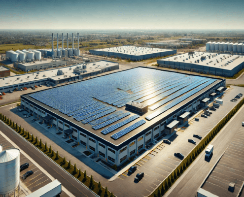 Solar panels installed on a commercial flat roof in Ontario, Canada, showing a professional setup in an industrial area.