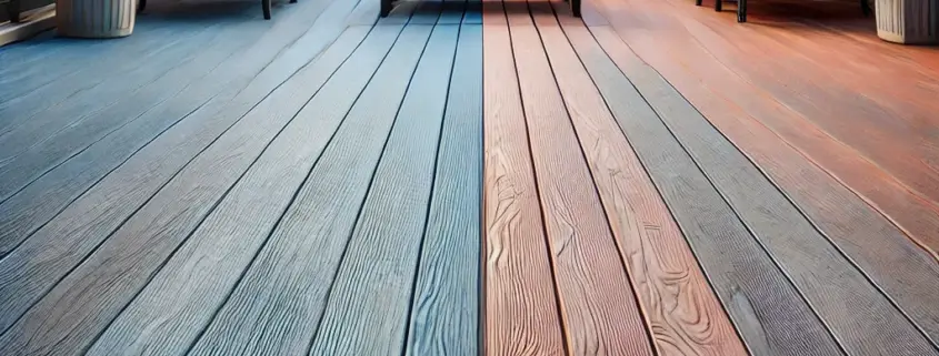 Side-by-side view of DeckRite vinyl decking and composite decking in a backyard setting, highlighting differences in texture and appearance.