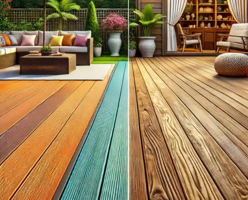 A side-by-side comparison of DeckRite vinyl decking and pressure-treated wood decking.