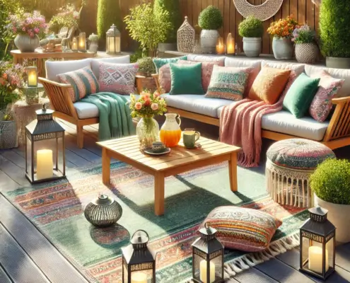 A beautifully decorated vinyl deck with comfortable furniture, plants, and seasonal decor.