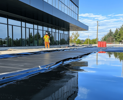 Flat roof drainage system being installed on a commercial building in Ontario