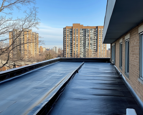 Flat roof waterproofing system installation on a commercial building in Ontario