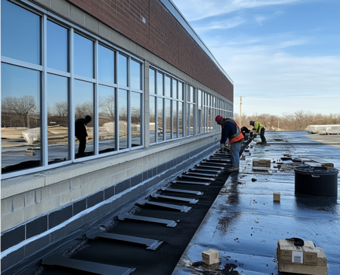 Flat roof with an efficient drainage system installed to prevent water buildup