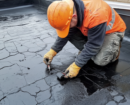 Inspecting flat roof waterproofing for cracks and leaks