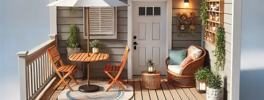 Small DeckRite vinyl deck with compact furniture and plants, showcasing a cozy outdoor space.