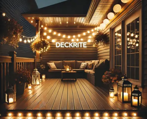 A beautifully decorated vinyl deck with vibrant seasonal decor, showcasing creative decor ideas for deck enhancement.