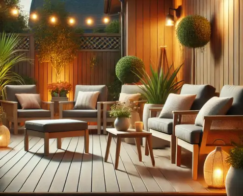 Stylish outdoor furniture on a DeckRite vinyl deck with cushions, plants, and a cozy setting.