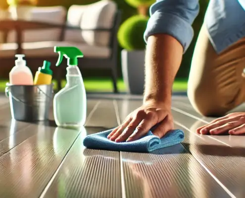 A person cleaning a DeckRite vinyl deck with a soft-microfiber cloth, showcasing proper maintenance techniques.