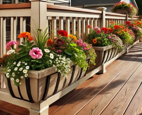 “Rail planters filled with vibrant flowers on a DeckRite vinyl deck railing, adding beauty and space-saving greenery.”