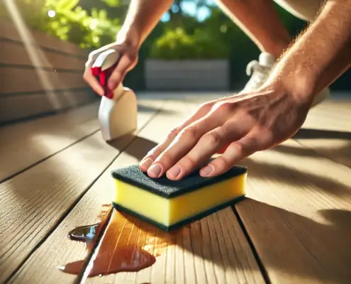 Person showing how to clean a stained deck on a DeckRite vinyl deck with a sponge and cleaning solution.