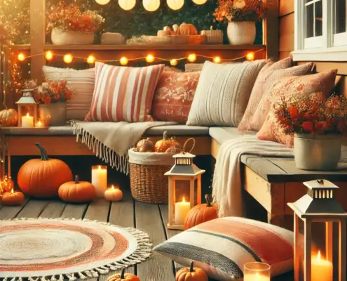 DeckRite vinyl deck decorated with seasonal items for fall, including pumpkins, pillows, and cozy lighting.