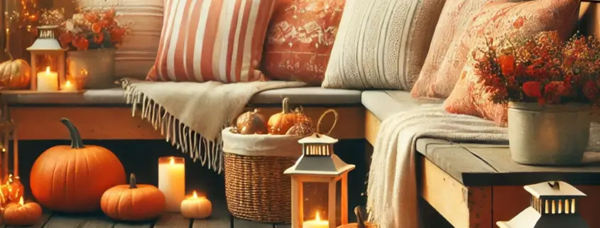 DeckRite vinyl deck decorated with seasonal items for fall, including pumpkins, pillows, and cozy lighting.