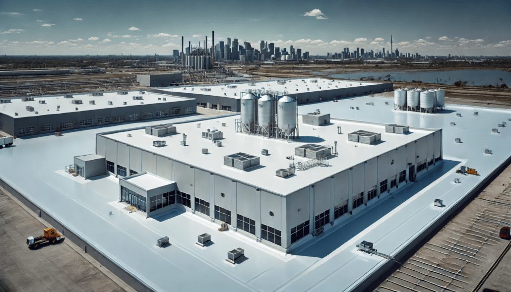 Energy-efficient TPO roofing system on a commercial flat roof, featuring a reflective white membrane.