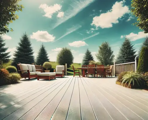 DeckRite vinyl deck with clear skies, showcasing the durability and low maintenance of DeckRite decking.