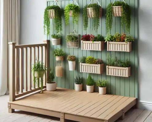 Vertical gardening on a vinyl sundeck covering to save space and add greenery.