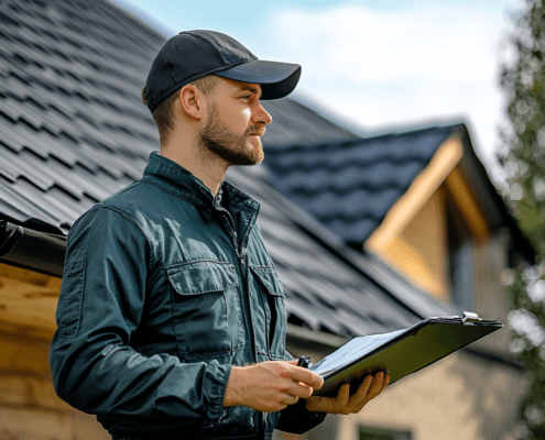 Professional roofer discussing various roof covering materials for installation.