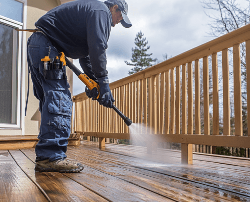 Applying the best deck cleaner Canada to a wooden deck to remove mold, grime, and stains.