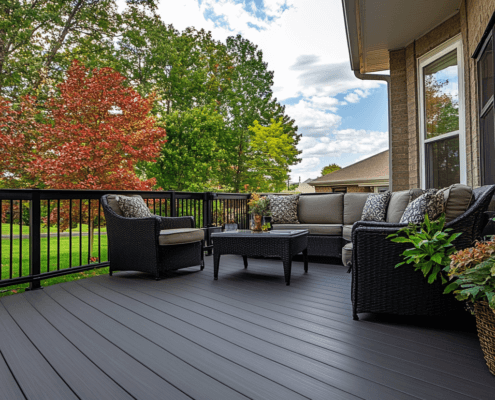 A beautiful outdoor deck covered with Deckrite vinyl exterior deck covering, showcasing durability and style.