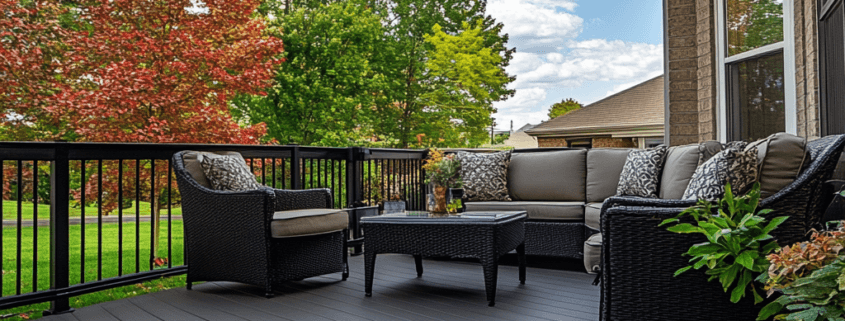 A beautiful outdoor deck covered with Deckrite vinyl exterior deck covering, showcasing durability and style.