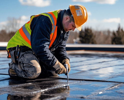 A roofing expert fixing a flat roof with pooling water.