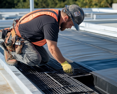 A professional installing flat roof air vents to ensure proper airflow and prevent moisture buildup.