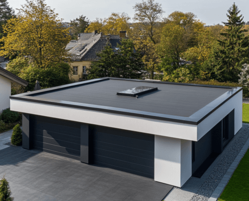 A sleek, modern flat roof garage with durable materials and proper drainage systems. Slug: flat-roof-garage-modern