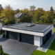 A sleek, modern flat roof garage with durable materials and proper drainage systems. Slug: flat-roof-garage-modern