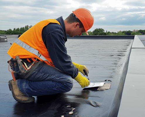 A professional inspecting flat roof details for maintenance and repairs.