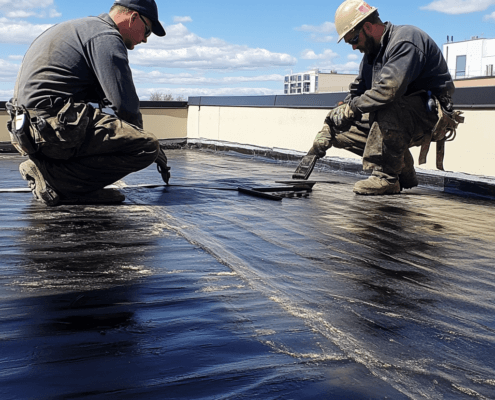 Skilled technicians from a professional flat roof company performing flat roof repairs.