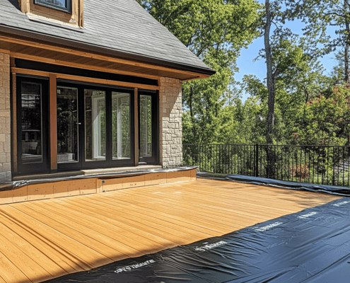 Waterproof decking membrane installation on a wood deck to prevent water damage and extend the deck's life.