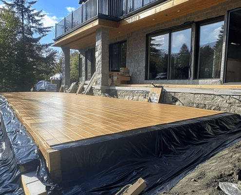 Installation of DeckRite waterproofing on a wooden deck.