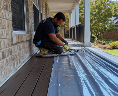 A close-up of DeckRite vinyl exterior deck coverings being installed, showing ease of application and durability.