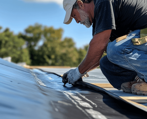 A contractor installing a flat roof garage, using durable roofing materials for long-lasting protection.