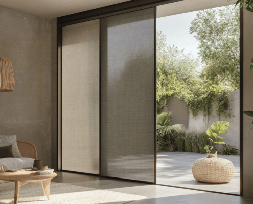 A stylish patio door covering made of elegant drapes that enhance both privacy and light control.