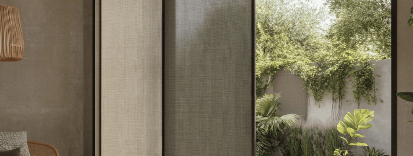 A stylish patio door covering made of elegant drapes that enhance both privacy and light control.