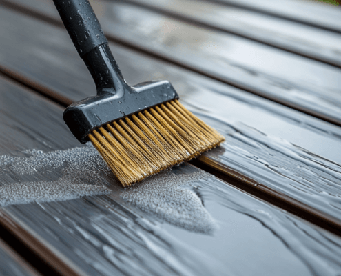 How to Clean Vinyl Decks. A close-up of cleaning vinyl decking with a brush and cleaner